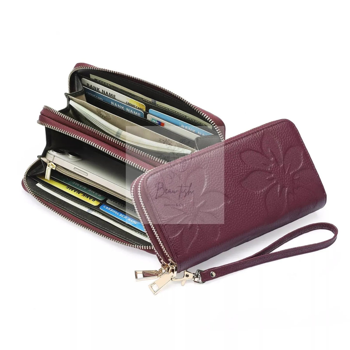 Floral Embossed Leather Zipper Wallet