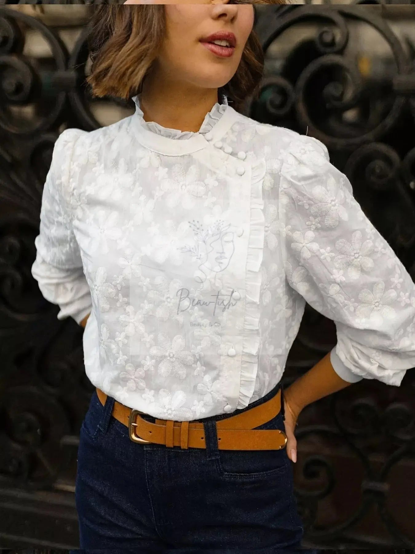 Floral Embroidered Ruffle Trim Blouse