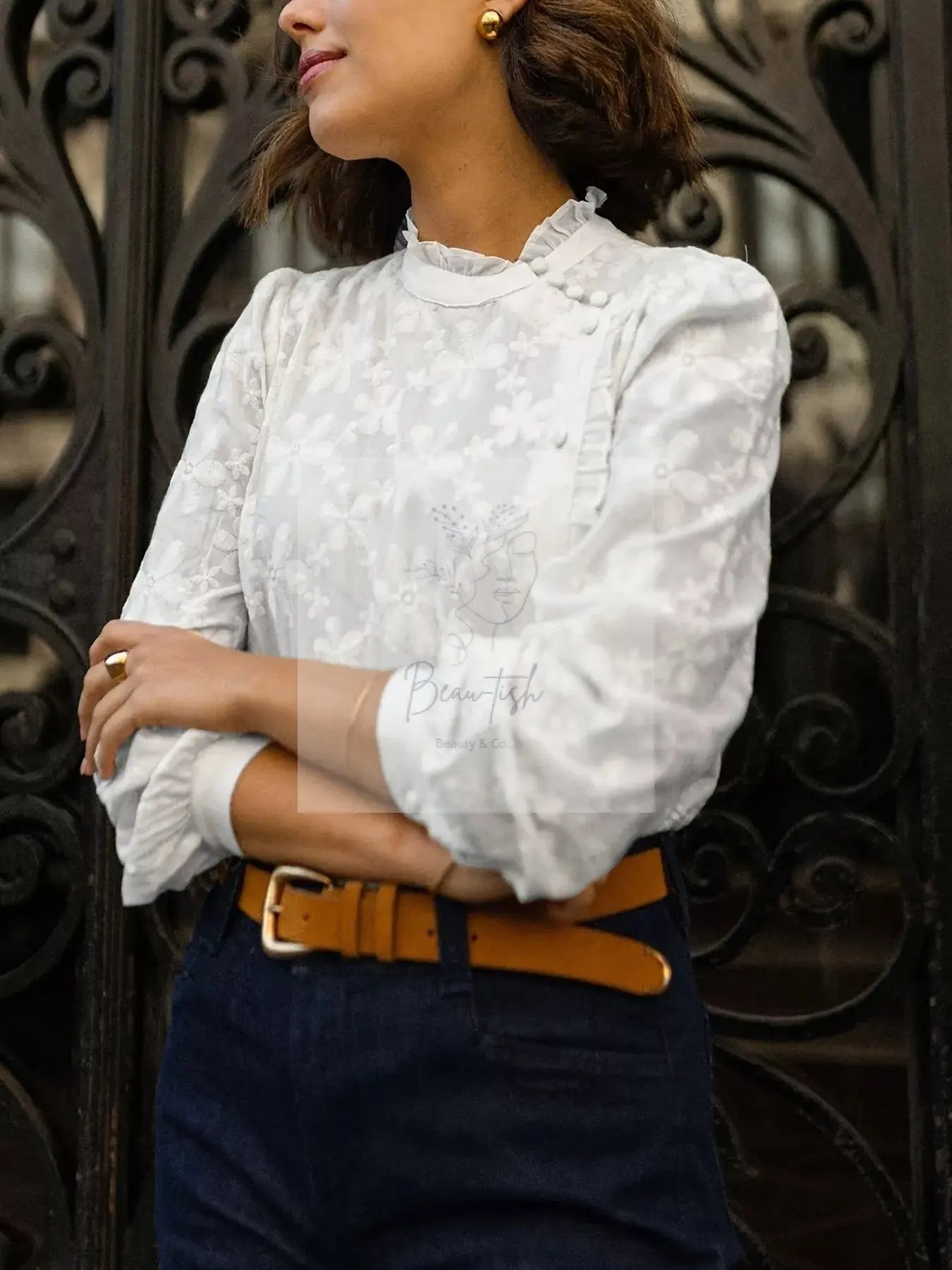 Floral Embroidered Ruffle Trim Blouse