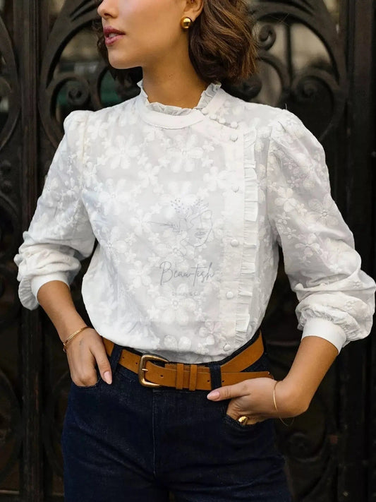 Floral Embroidered Ruffle Trim Blouse