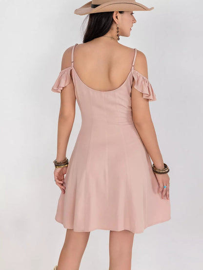 Floral Lace Trim Cold Shoulder A-Line Dress
