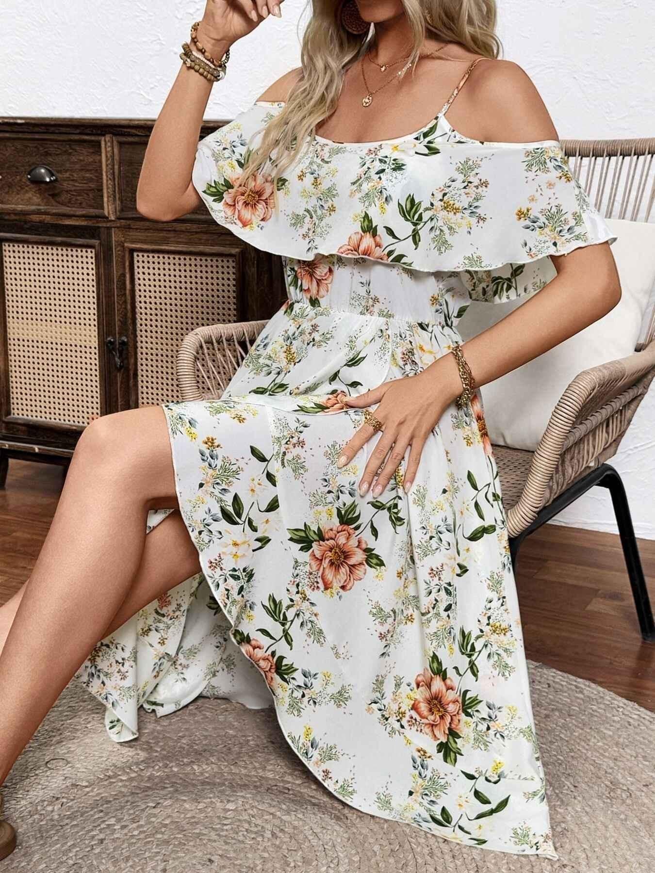 Floral Print Cold Shoulder Cami Dress