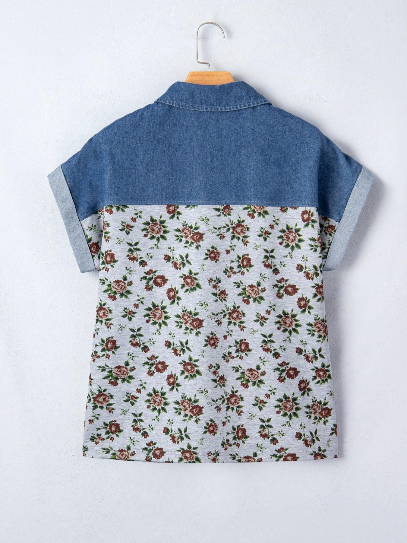 Floral Print Denim Patchwork Blouse