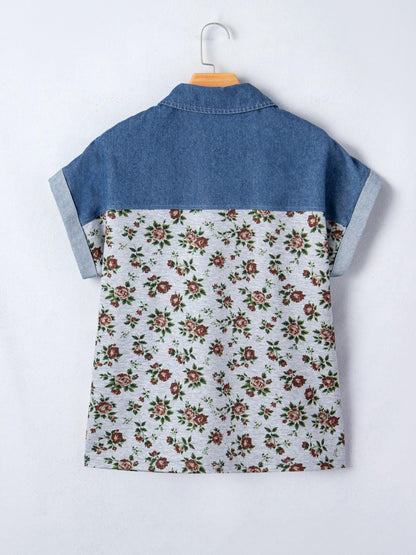 Floral Print Denim Patchwork Blouse