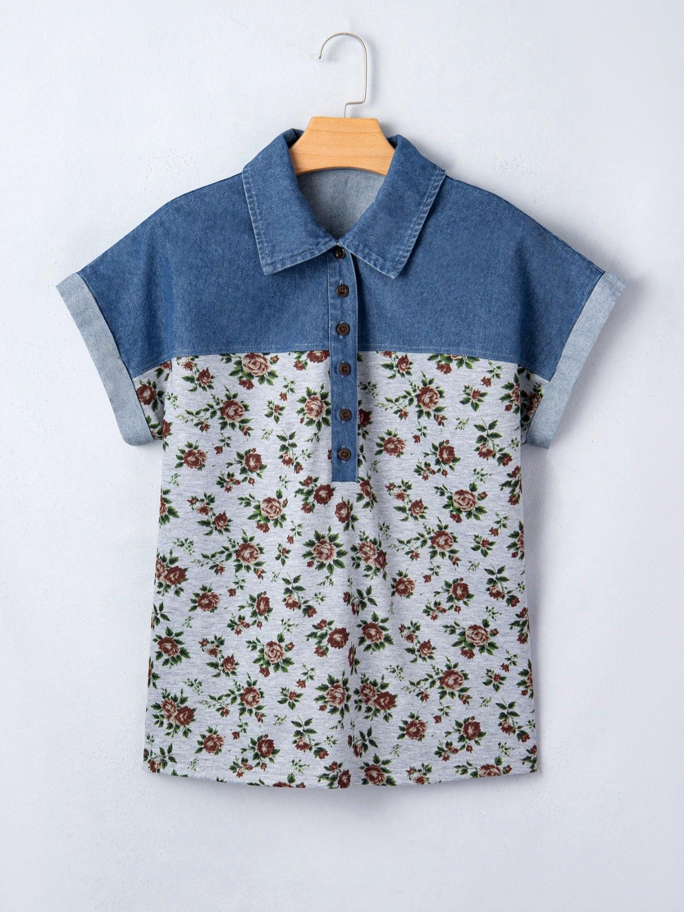 Floral Print Denim Patchwork Blouse