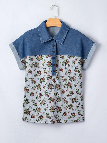 Floral Print Denim Patchwork Blouse