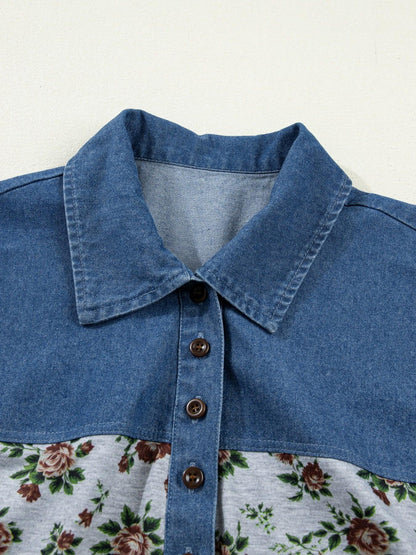 Floral Print Denim Patchwork Blouse