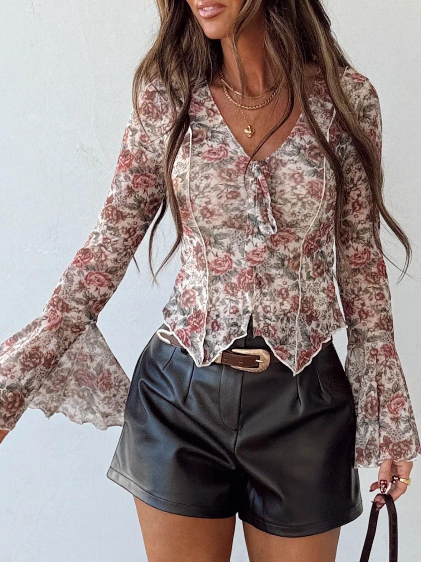 Floral Print Flounce Sleeve Blouse