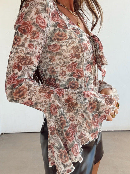 Floral Print Flounce Sleeve Blouse