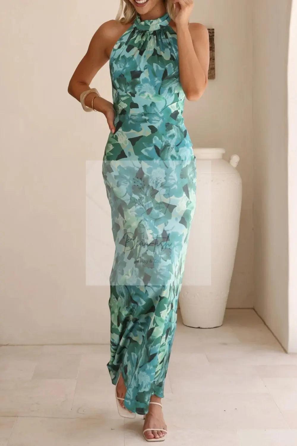 Floral Print Halter Neck Maxi Dress