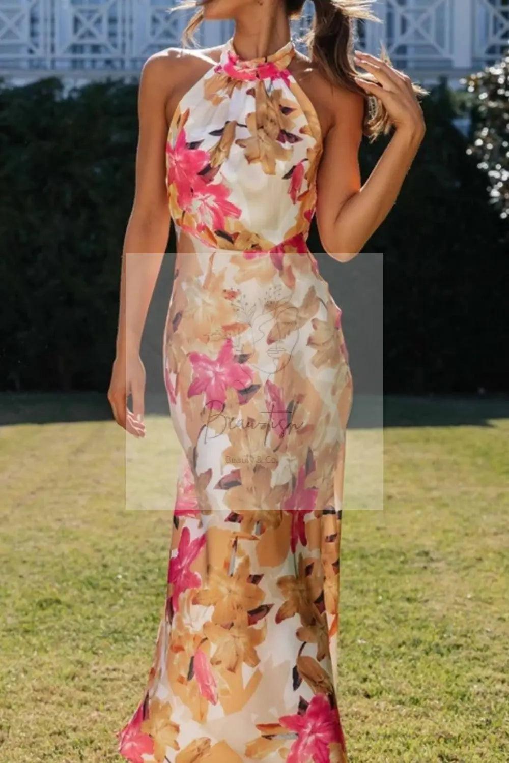 Floral Print Halter Neck Maxi Dress