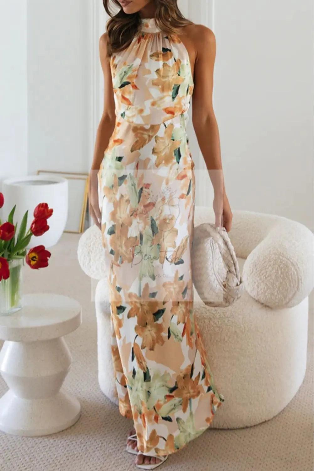Floral Print Halter Neck Maxi Dress