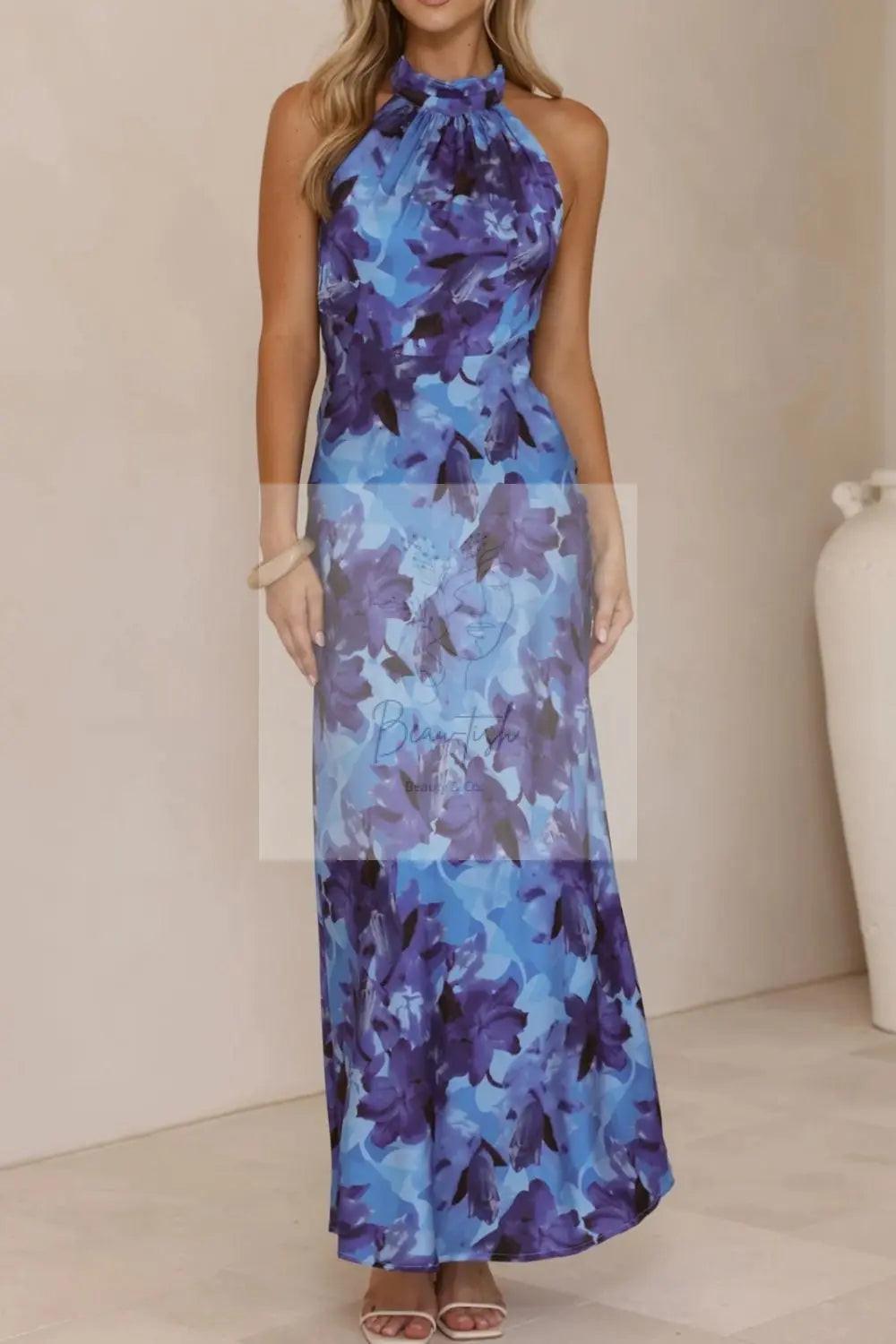Floral Print Halter Neck Maxi Dress
