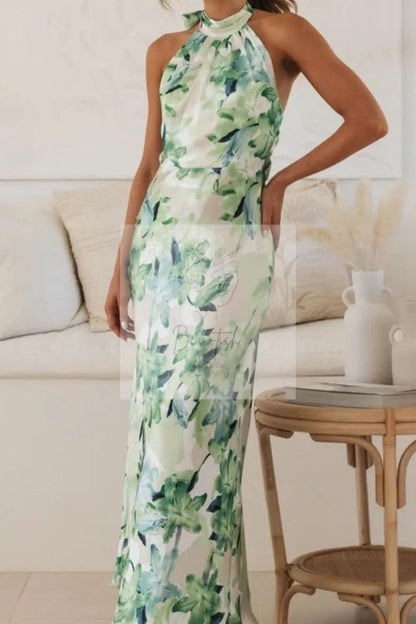 Floral Print Halter Neck Maxi Dress