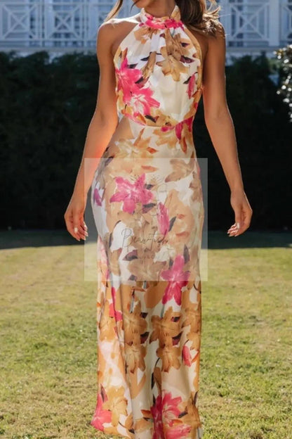Floral Print Halter Neck Maxi Dress