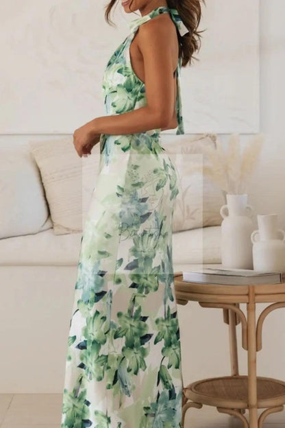 Floral Print Halter Neck Maxi Dress
