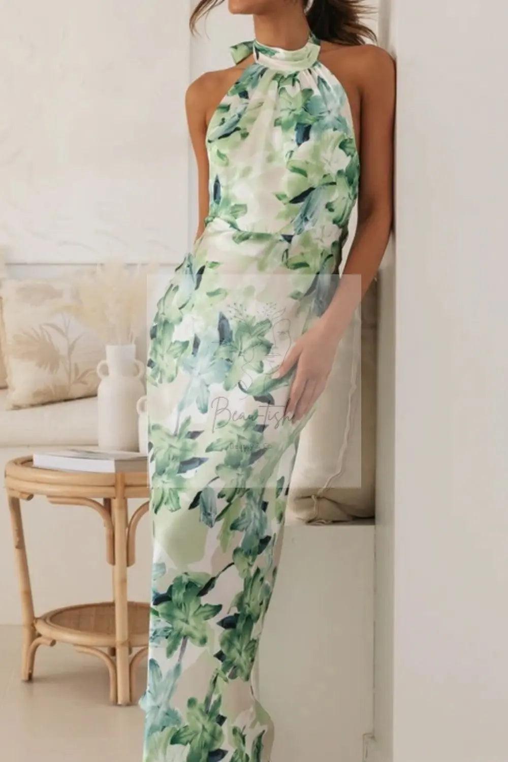 Floral Print Halter Neck Maxi Dress