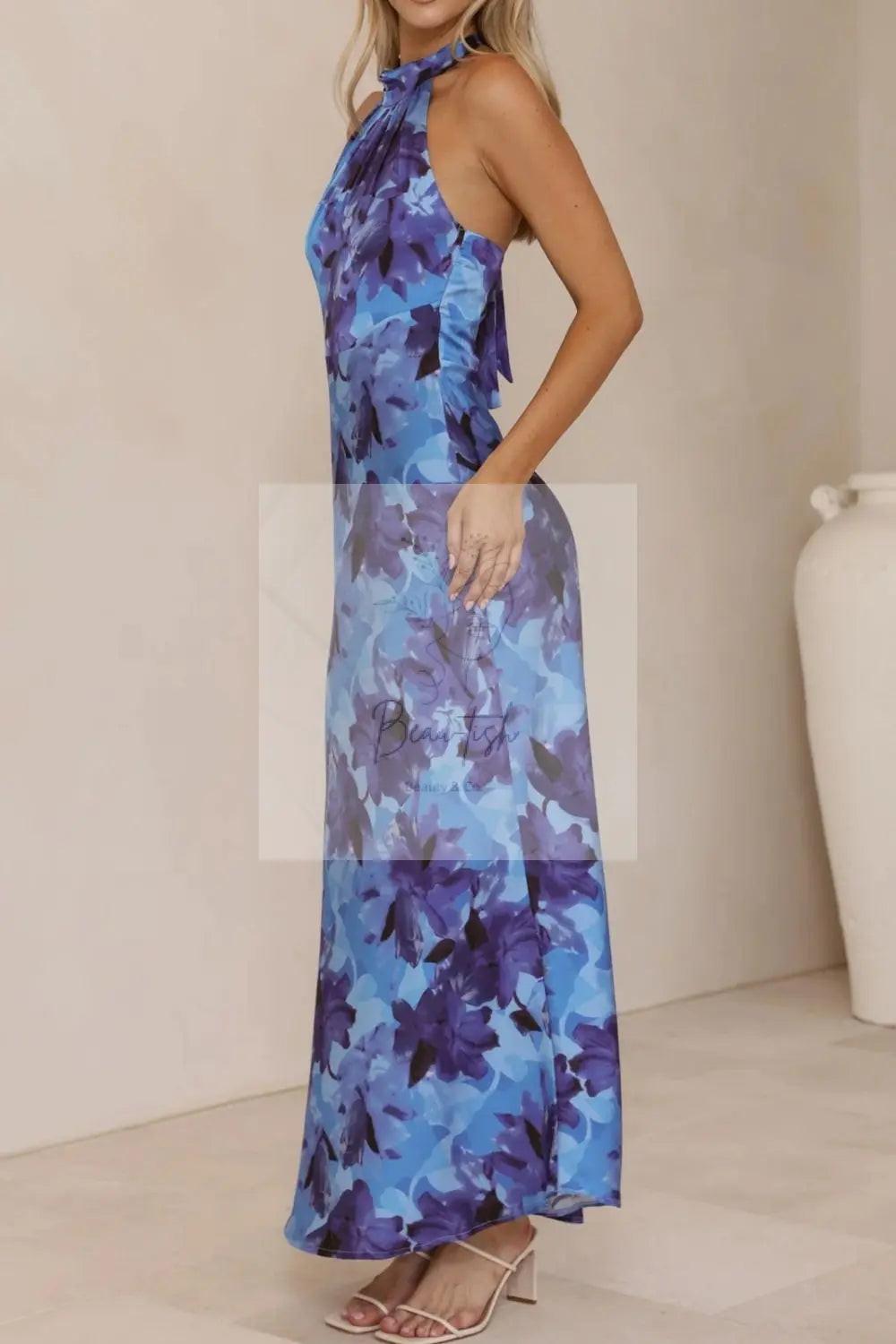 Floral Print Halter Neck Maxi Dress