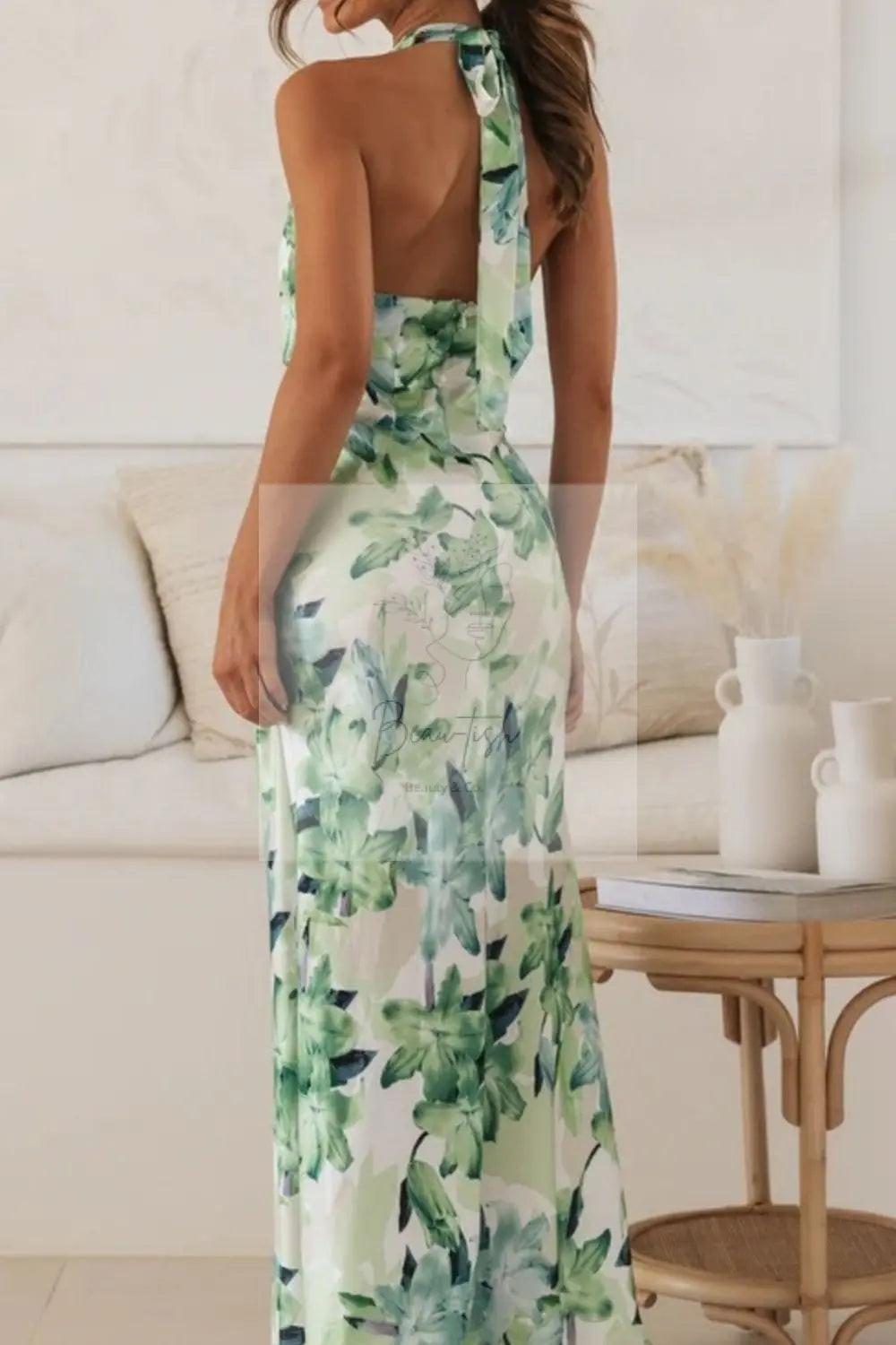 Floral Print Halter Neck Maxi Dress