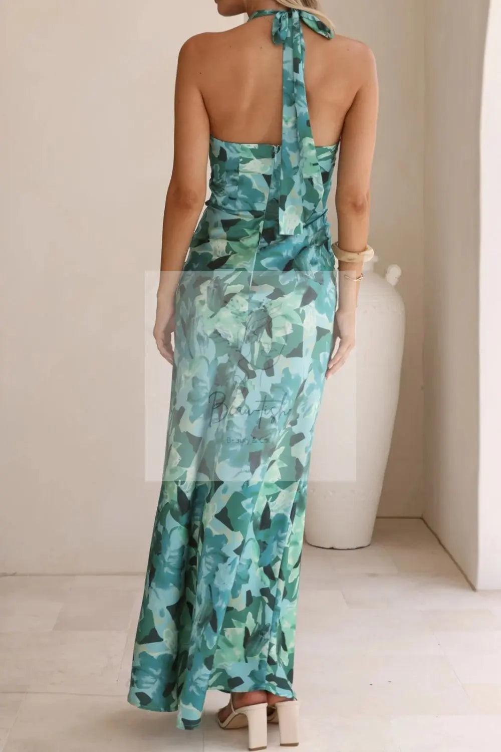 Floral Print Halter Neck Maxi Dress