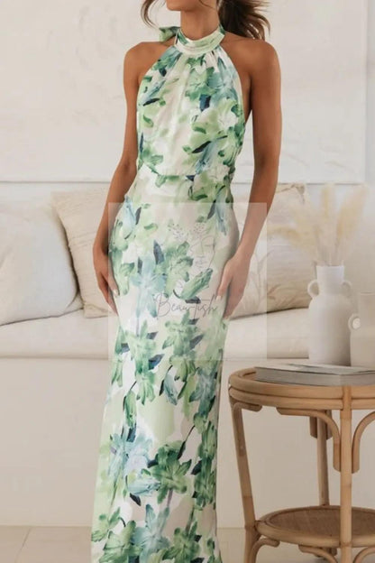 Floral Print Halter Neck Maxi Dress
