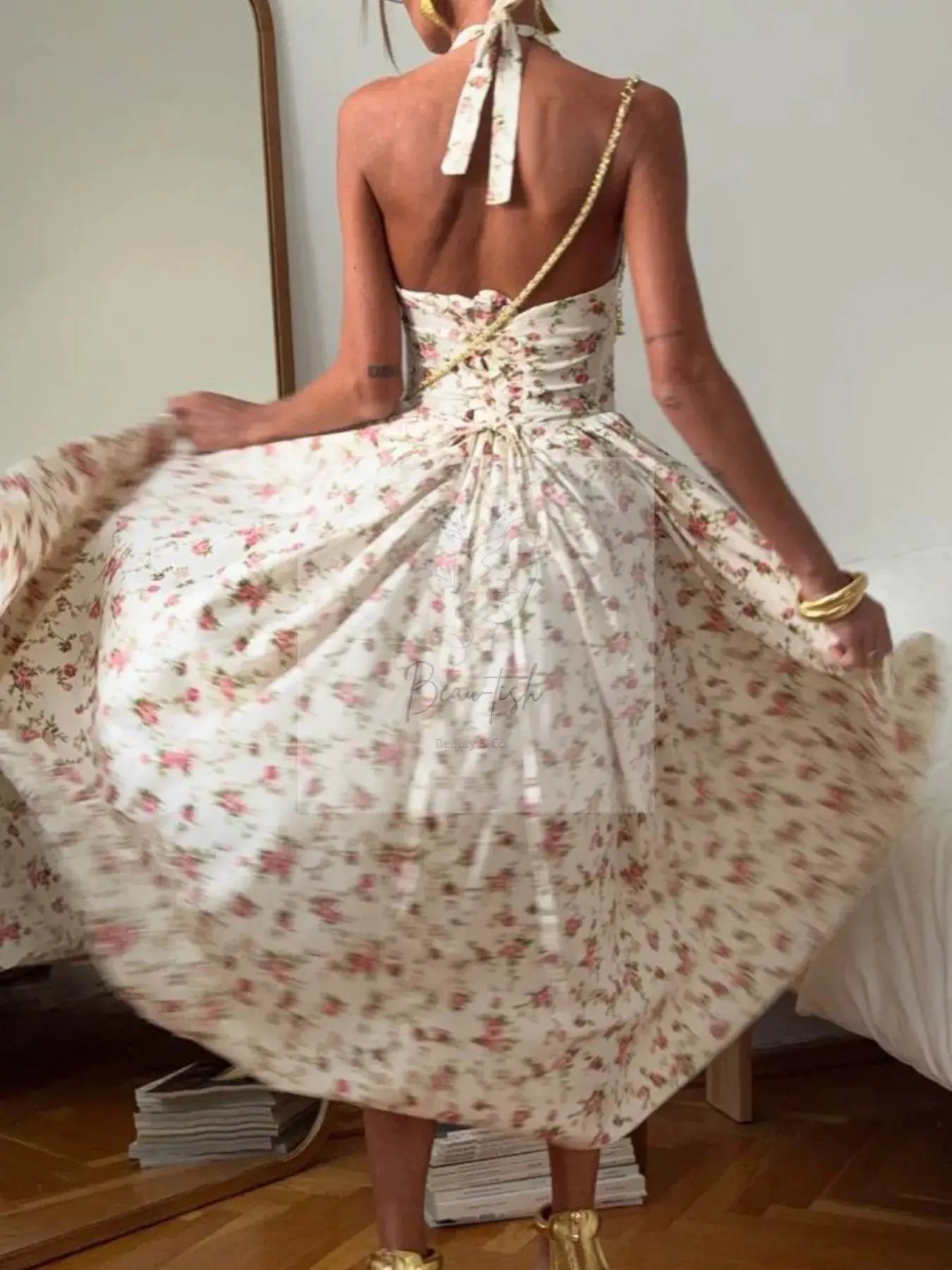 Floral Print Halter Neck Midi Dress