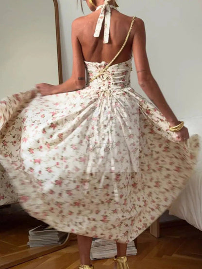 Floral Print Halter Neck Midi Dress