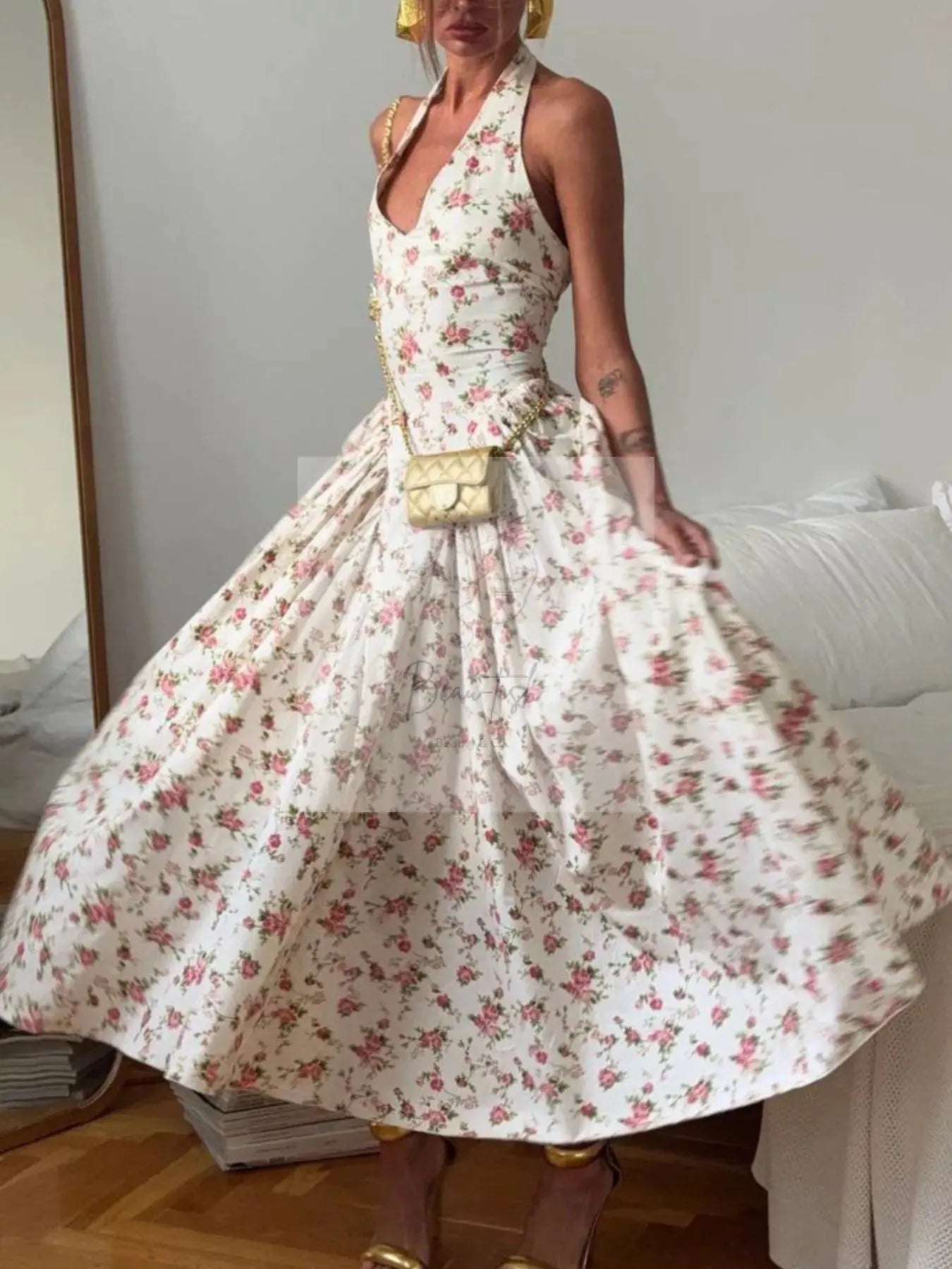 Floral Print Halter Neck Midi Dress