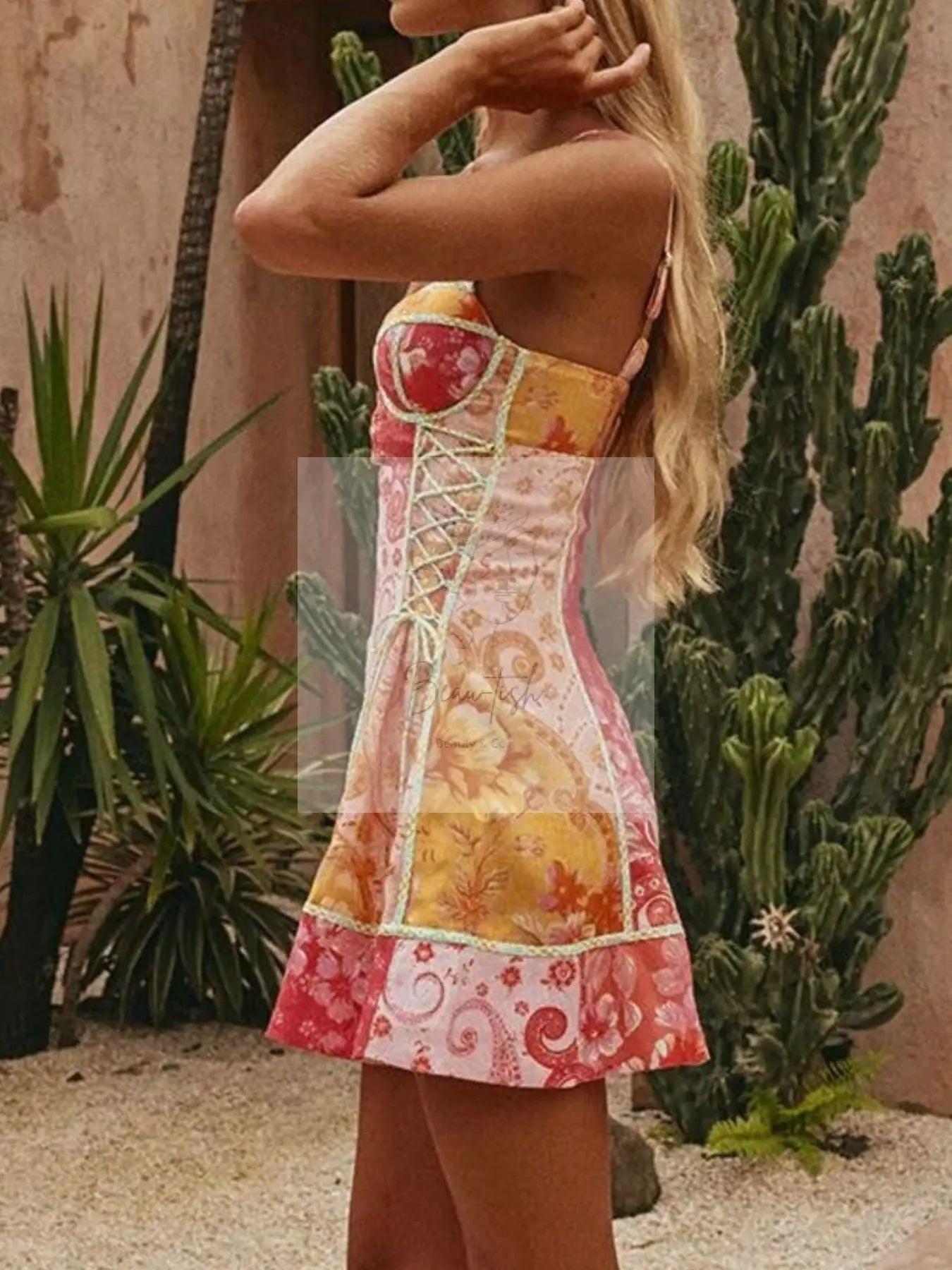 Floral Print Lace-Up Mini Dress