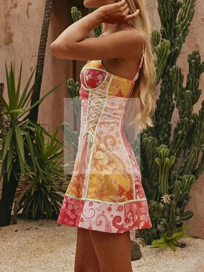 Floral Print Lace-Up Mini Dress