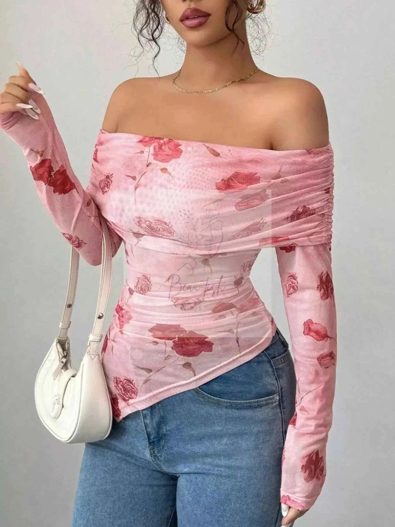 Floral Print Off-Shoulder Mesh Top