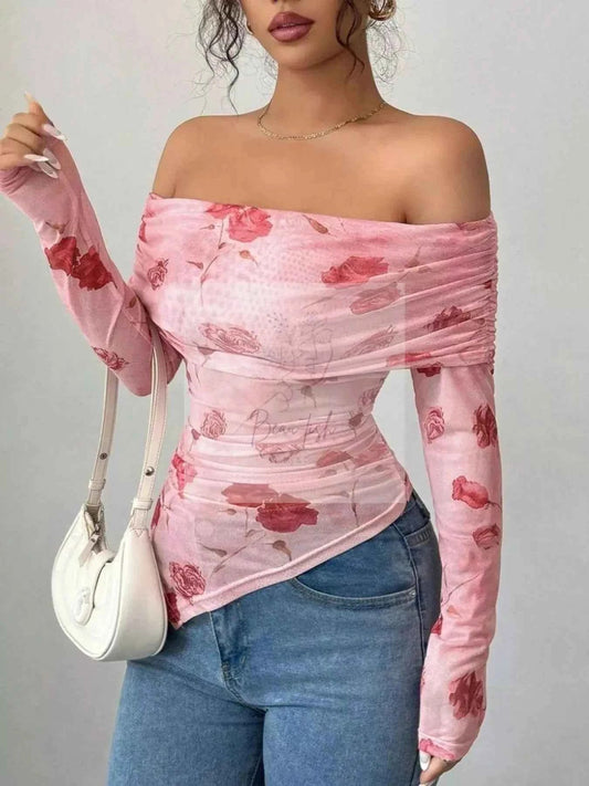Floral Print Off-Shoulder Mesh Top