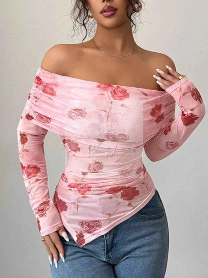 Floral Print Off-Shoulder Mesh Top