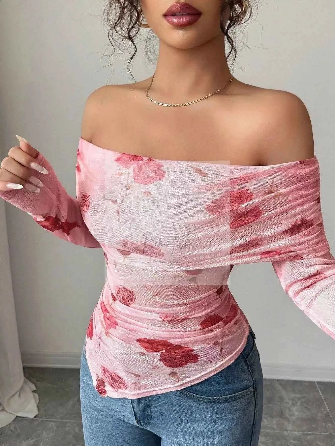 Floral Print Off-Shoulder Mesh Top