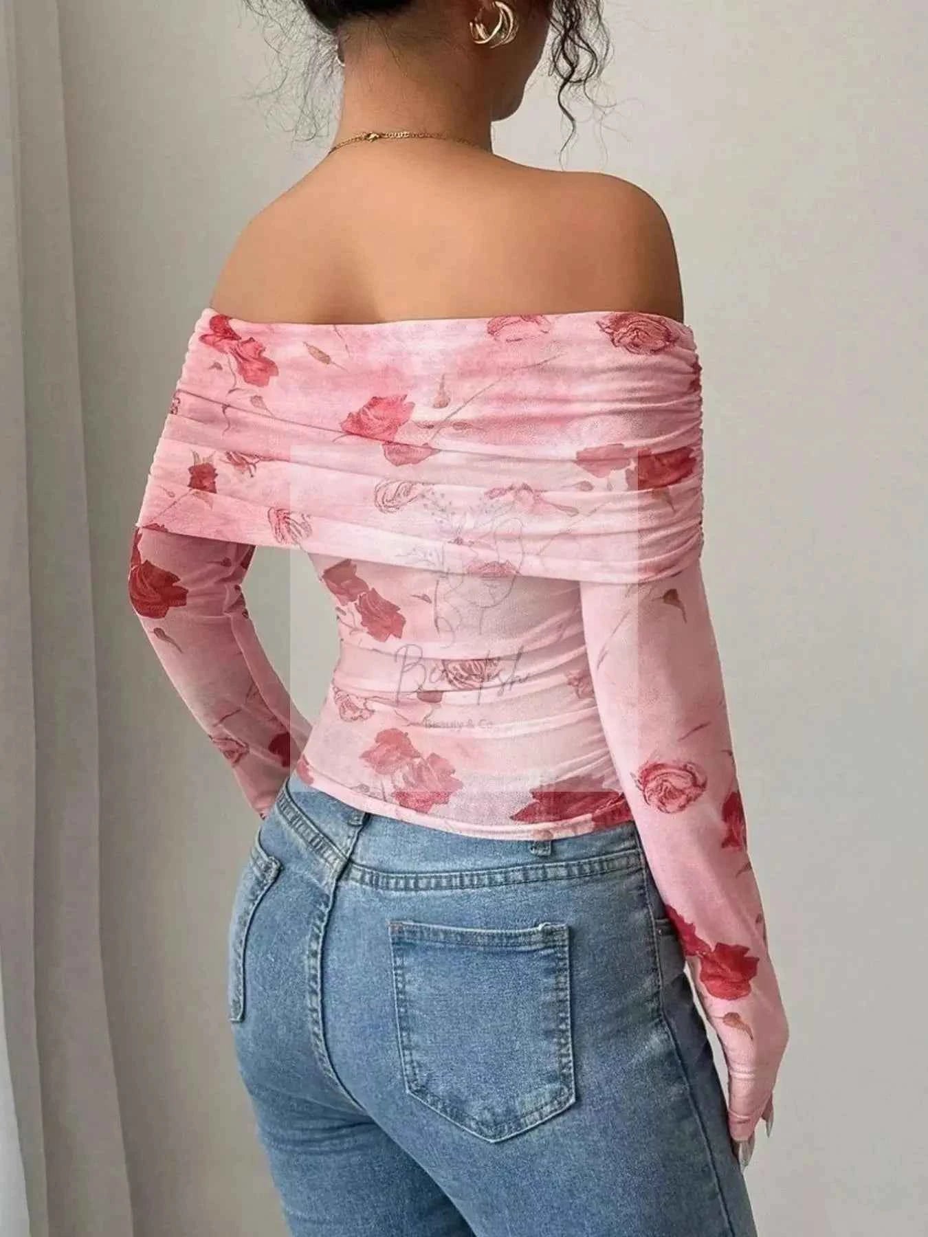 Floral Print Off-Shoulder Mesh Top