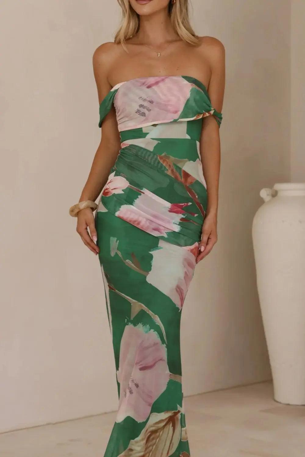 Floral Print One-Shoulder Ruched Maxi Dress
