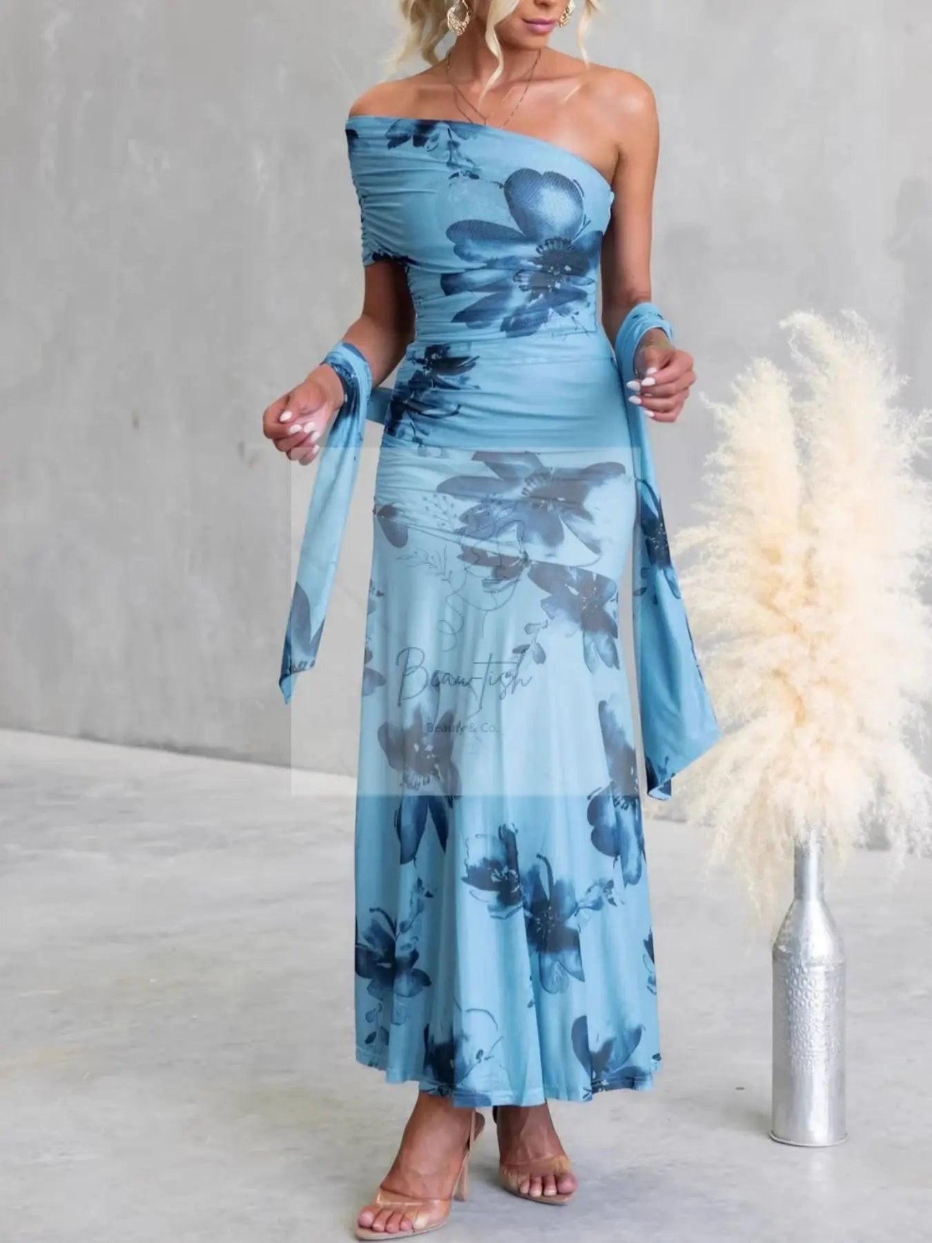 Floral Print One-Shoulder Ruched Maxi Dress