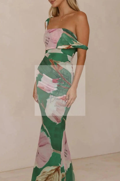 Floral Print One-Shoulder Ruched Maxi Dress