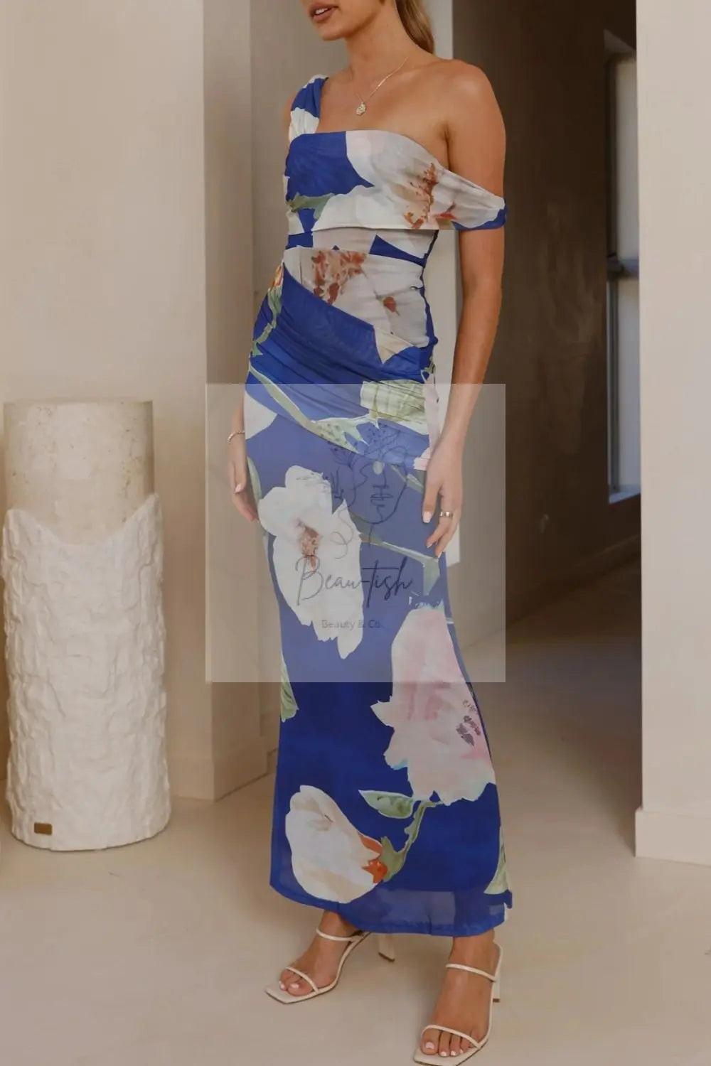 Floral Print One-Shoulder Ruched Maxi Dress