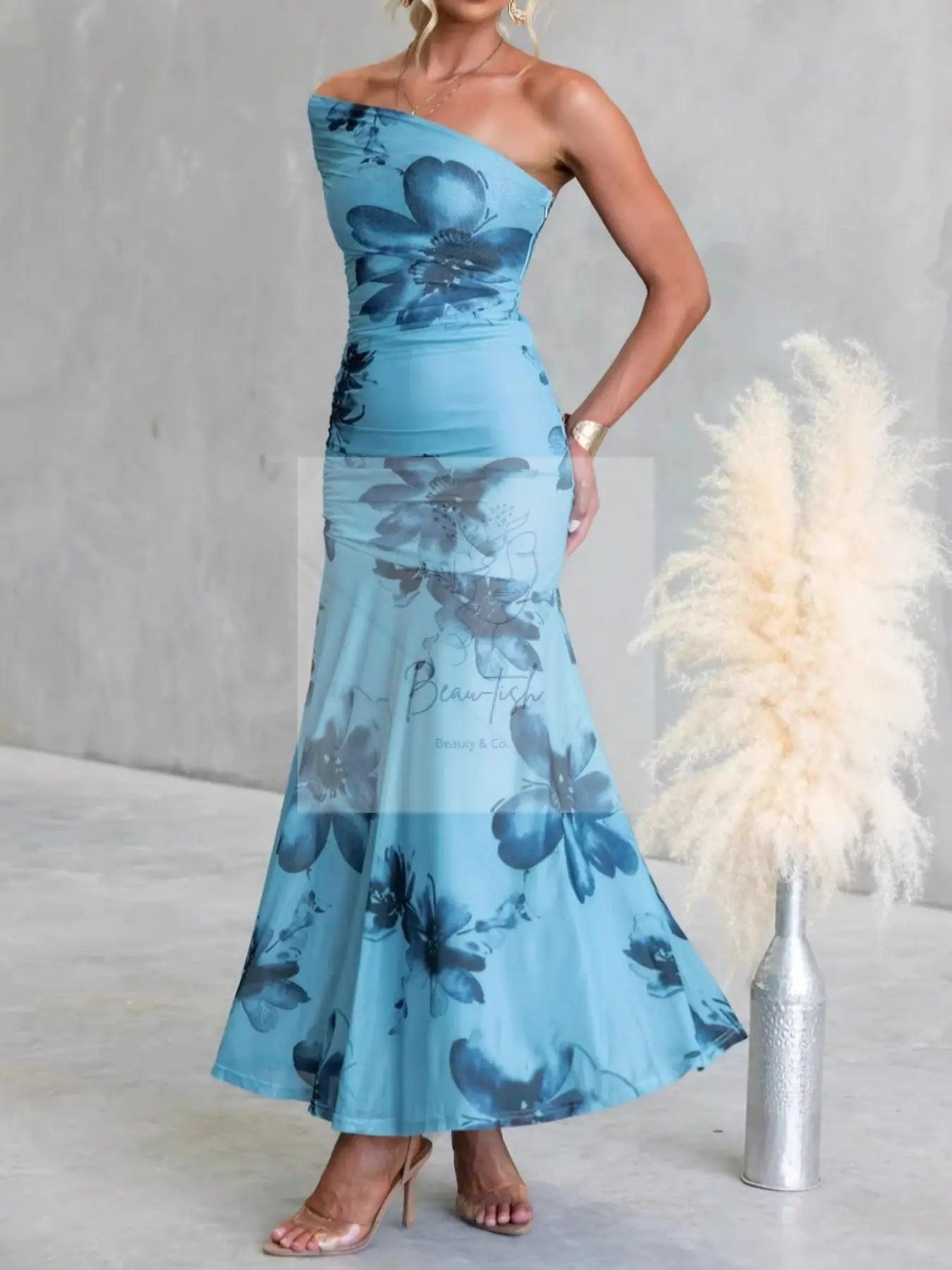 Floral Print One-Shoulder Ruched Maxi Dress