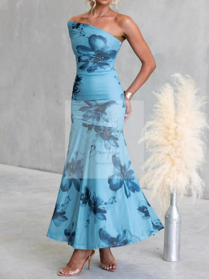 Floral Print One-Shoulder Ruched Maxi Dress