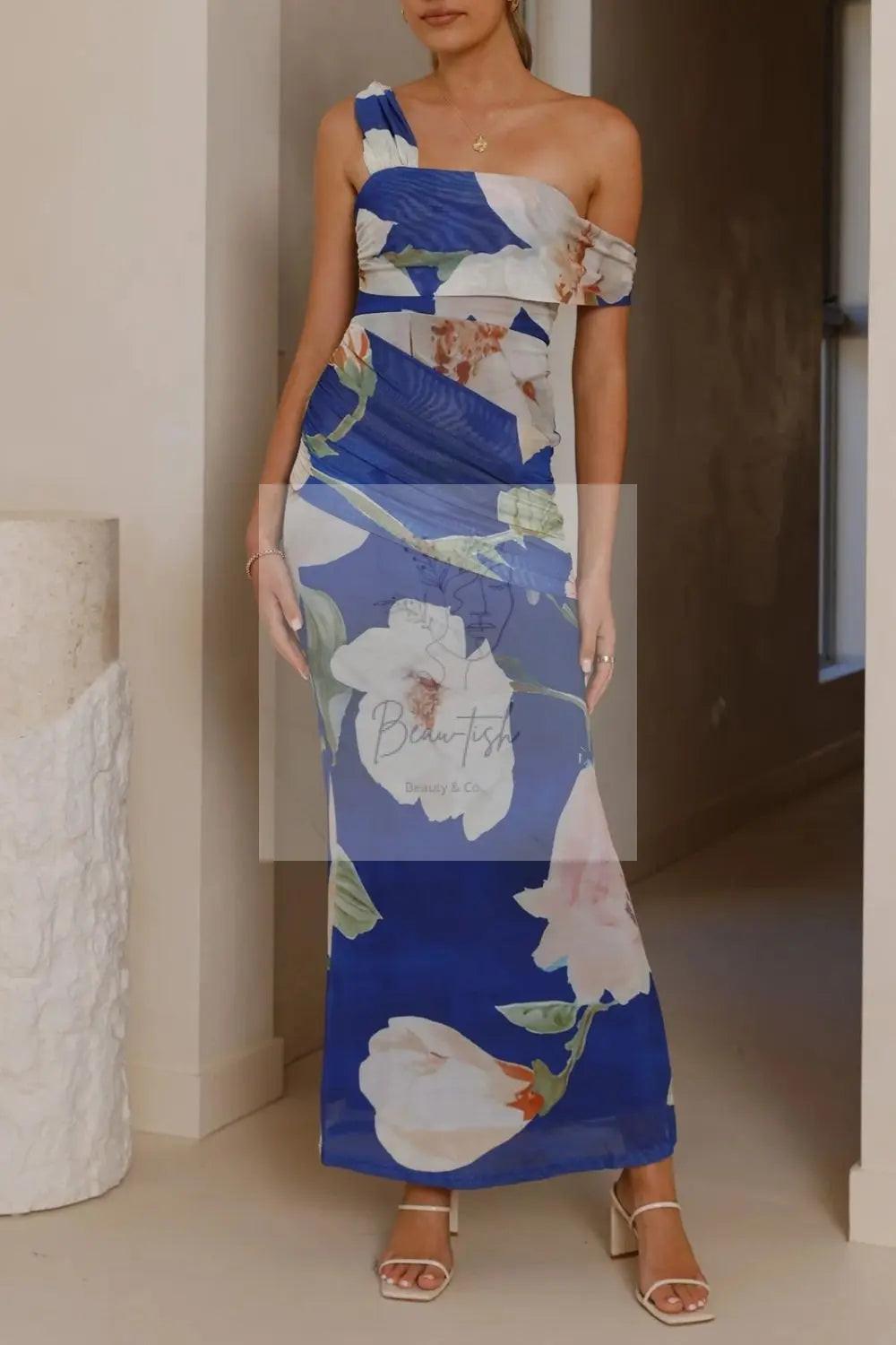 Floral Print One-Shoulder Ruched Maxi Dress