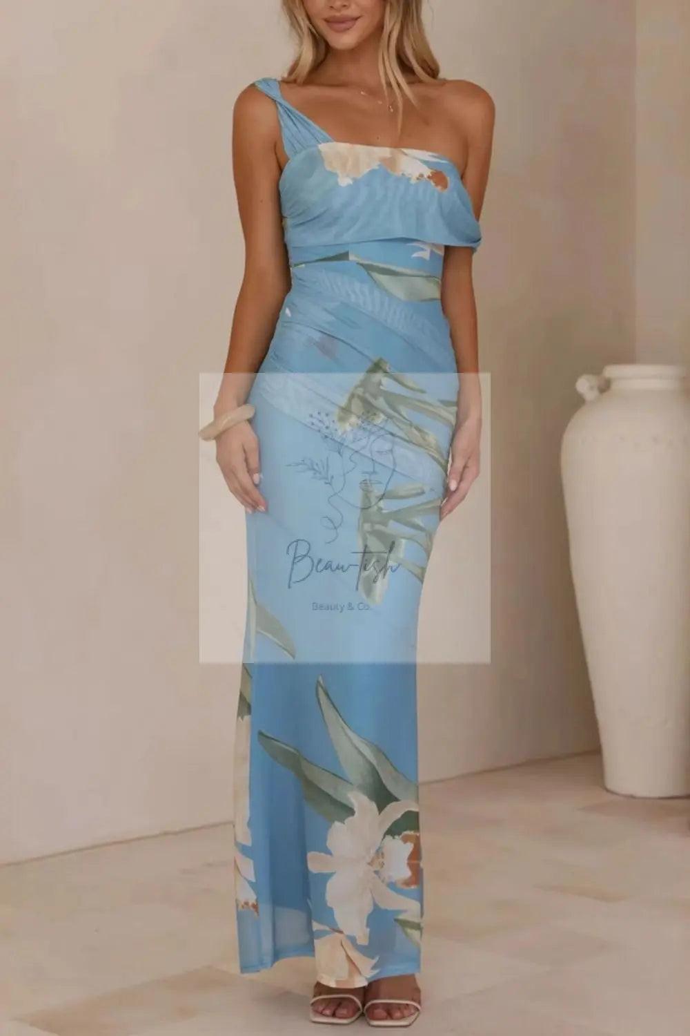 Floral Print One-Shoulder Ruched Maxi Dress