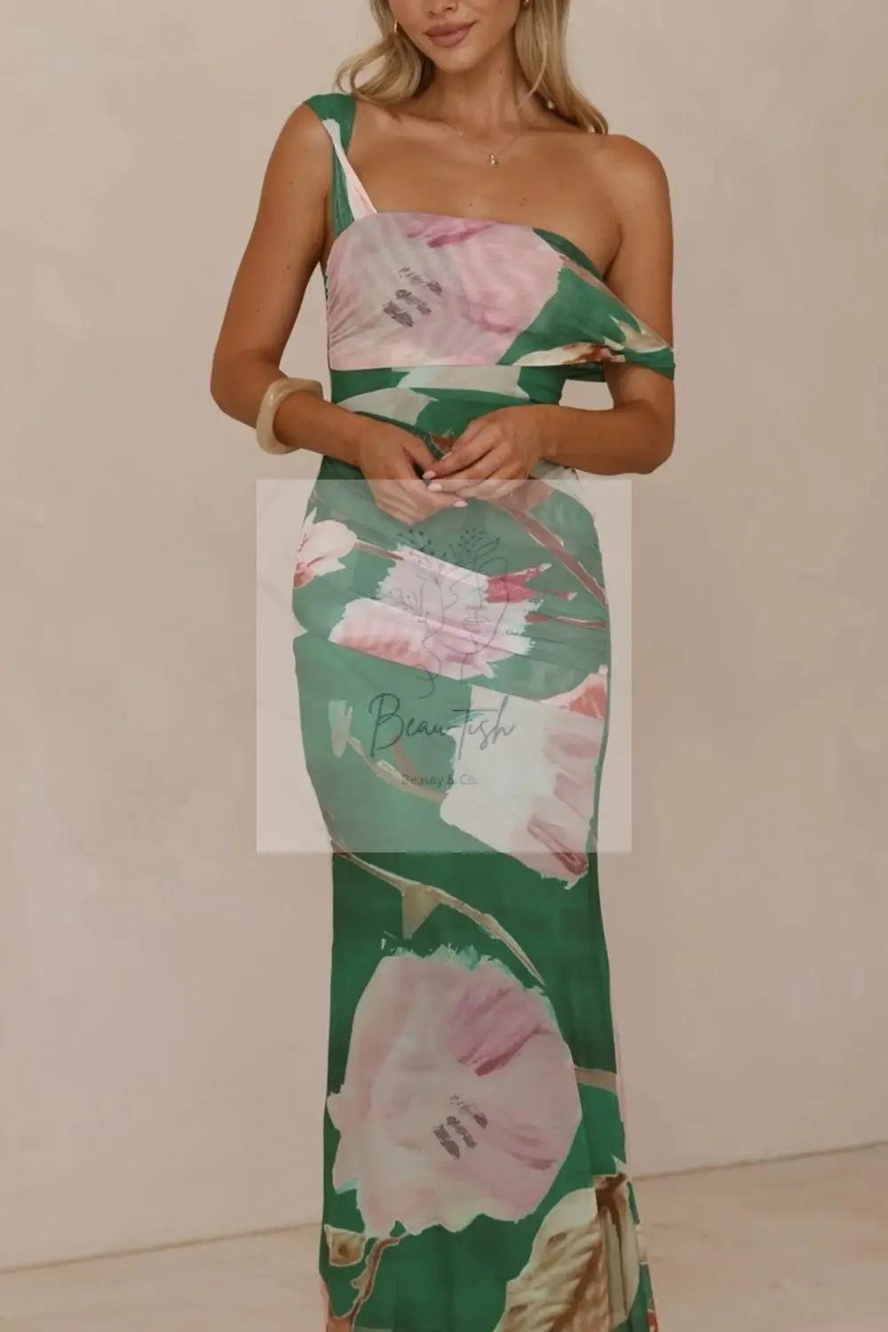 Floral Print One-Shoulder Ruched Maxi Dress