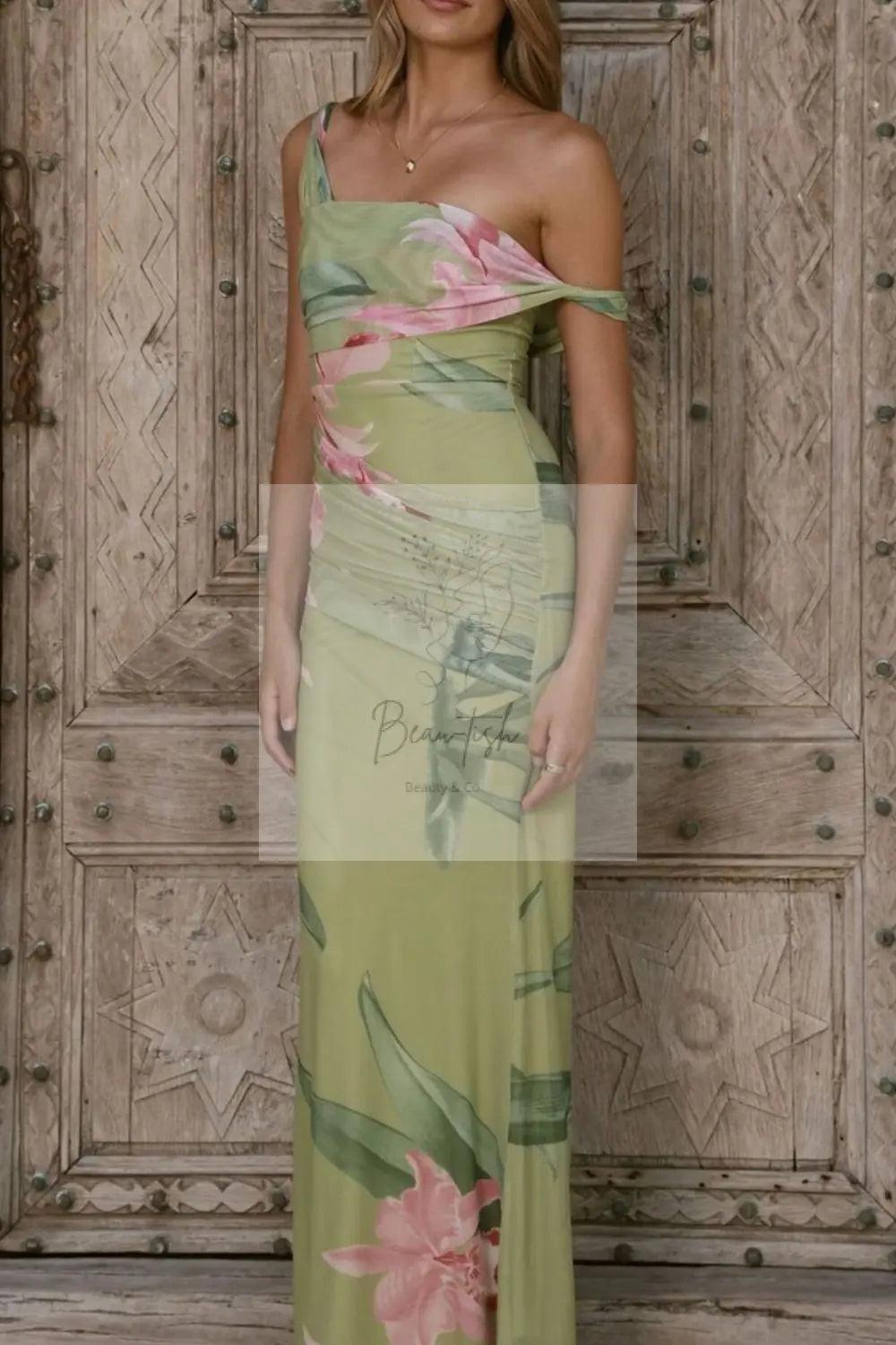 Floral Print One-Shoulder Ruched Maxi Dress