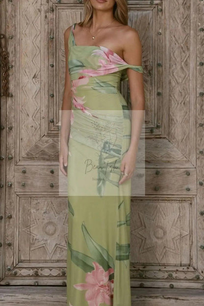Floral Print One-Shoulder Ruched Maxi Dress