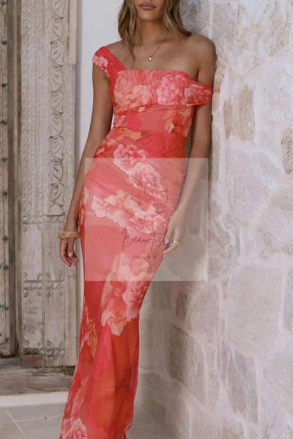 Floral Print One-Shoulder Ruched Maxi Dress
