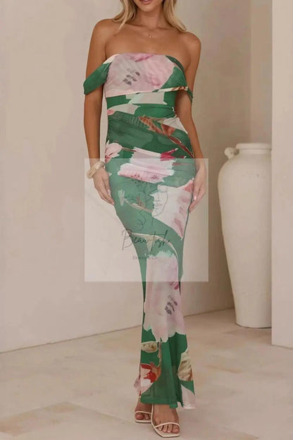 Floral Print One-Shoulder Ruched Maxi Dress
