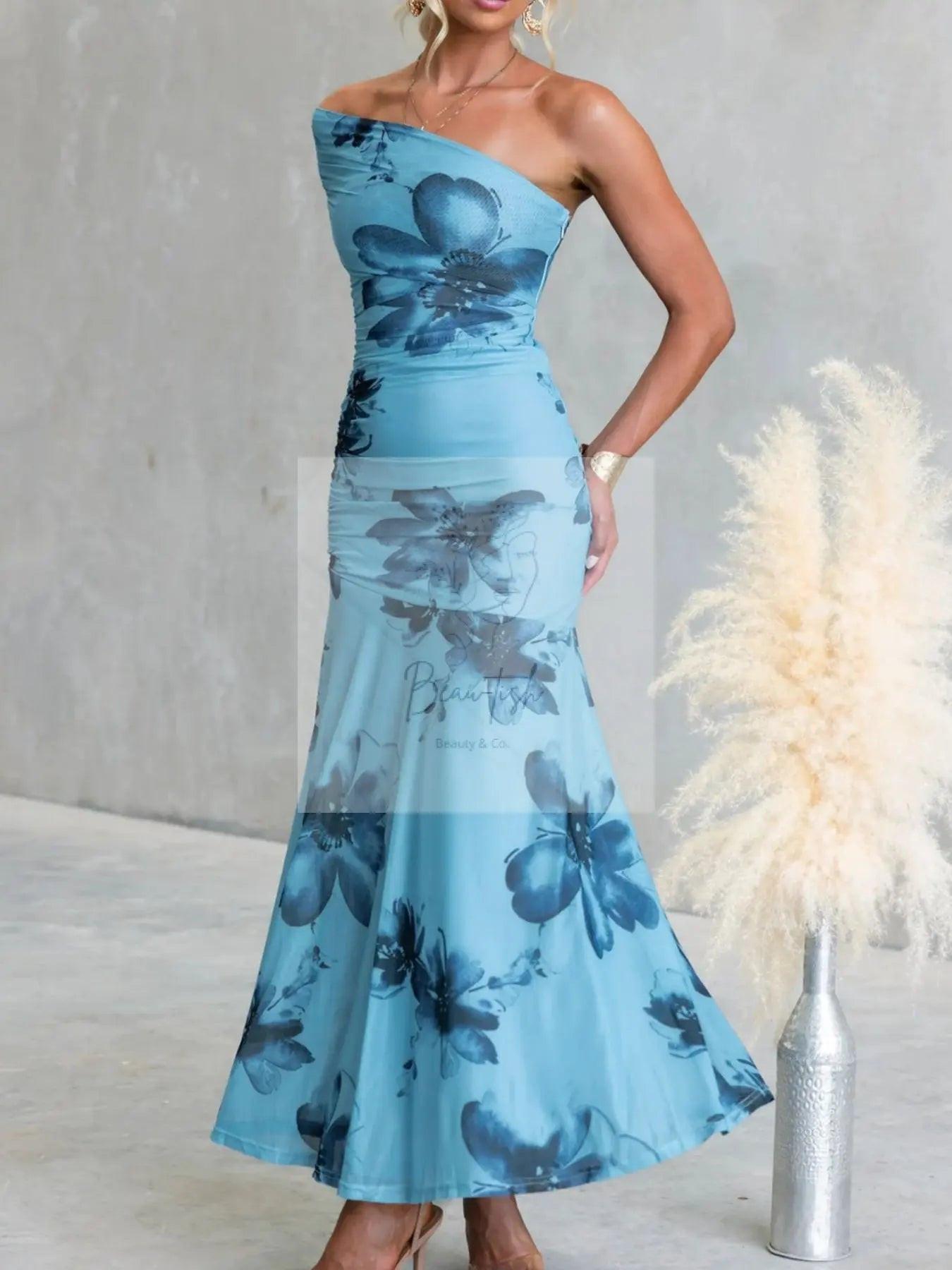 Floral Print One-Shoulder Ruched Maxi Dress