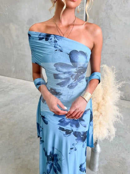 Floral Print One-Shoulder Ruched Maxi Dress